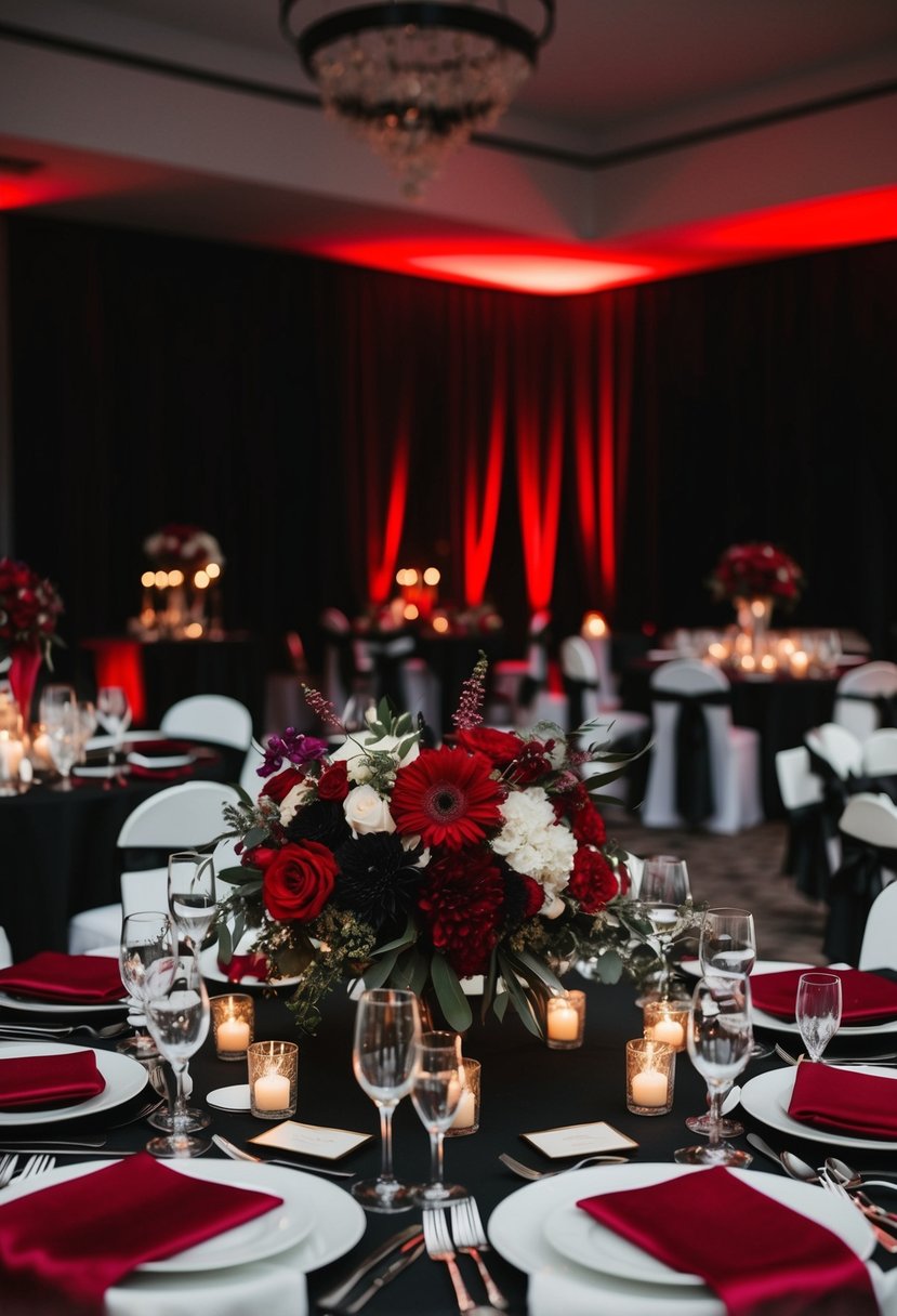 A black and red wedding color scheme with elegant floral centerpieces and dramatic lighting