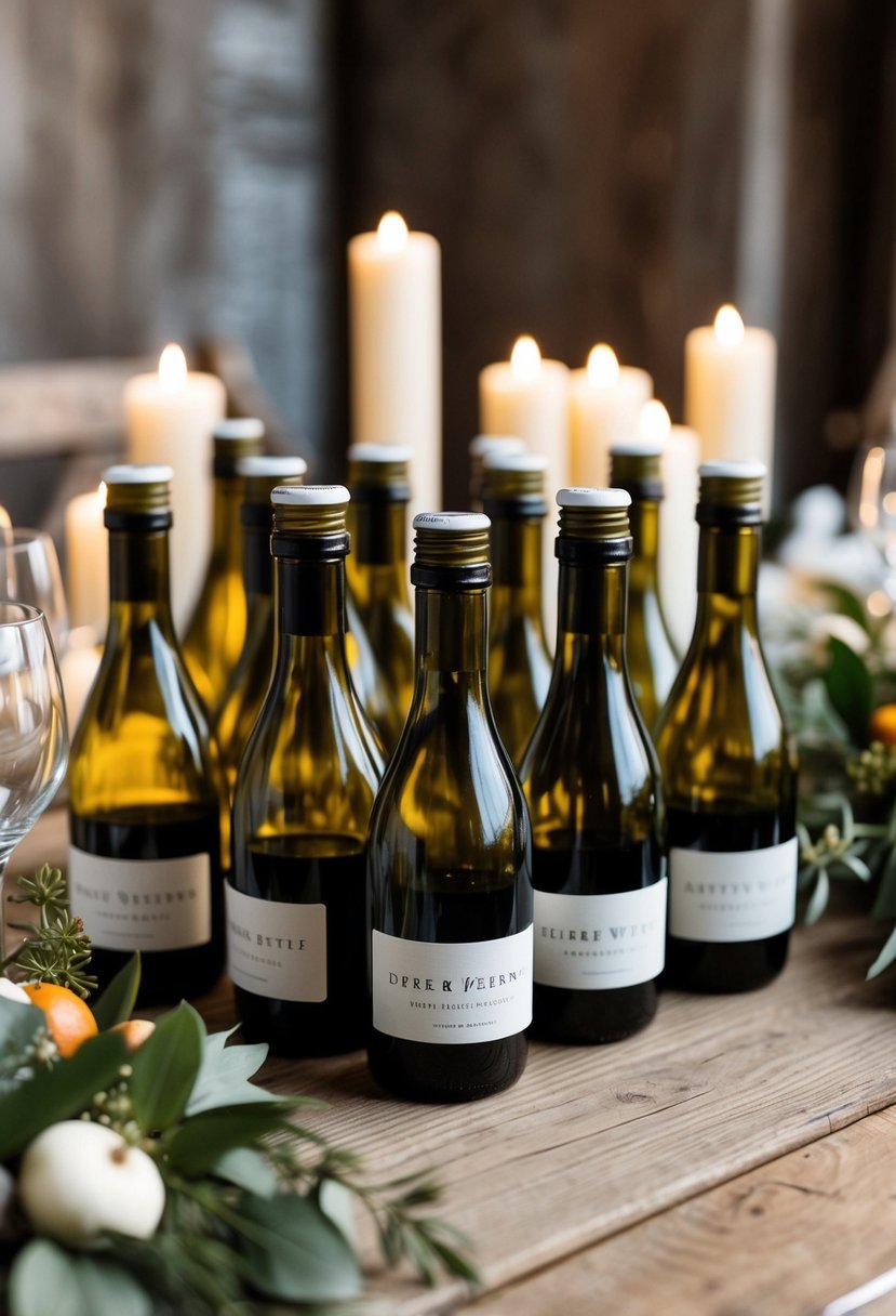 Mini wine bottles arranged on a rustic wooden table with seasonal wedding decor and foliage