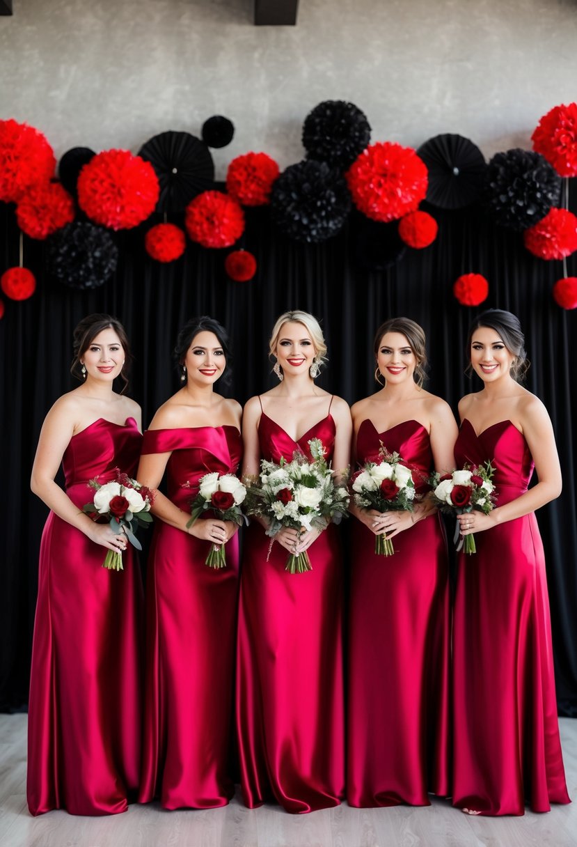 A group of bridesmaid dresses in scarlet silk, set against a backdrop of black and red wedding decor