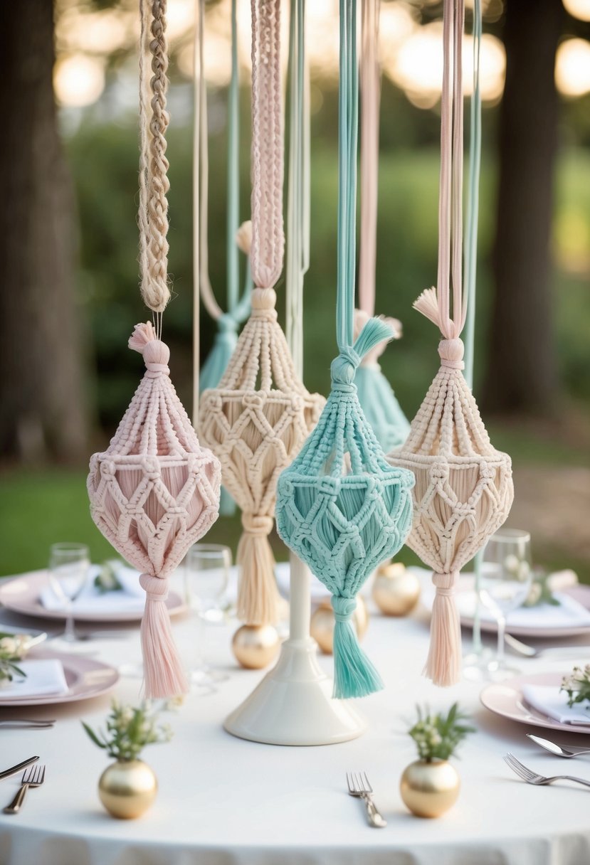 A table adorned with macrame ornaments in soft pastel colors, arranged as wedding favors