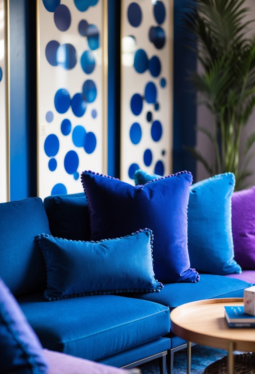 A cozy seating area with indigo accent pillows in a royal blue and purple color scheme