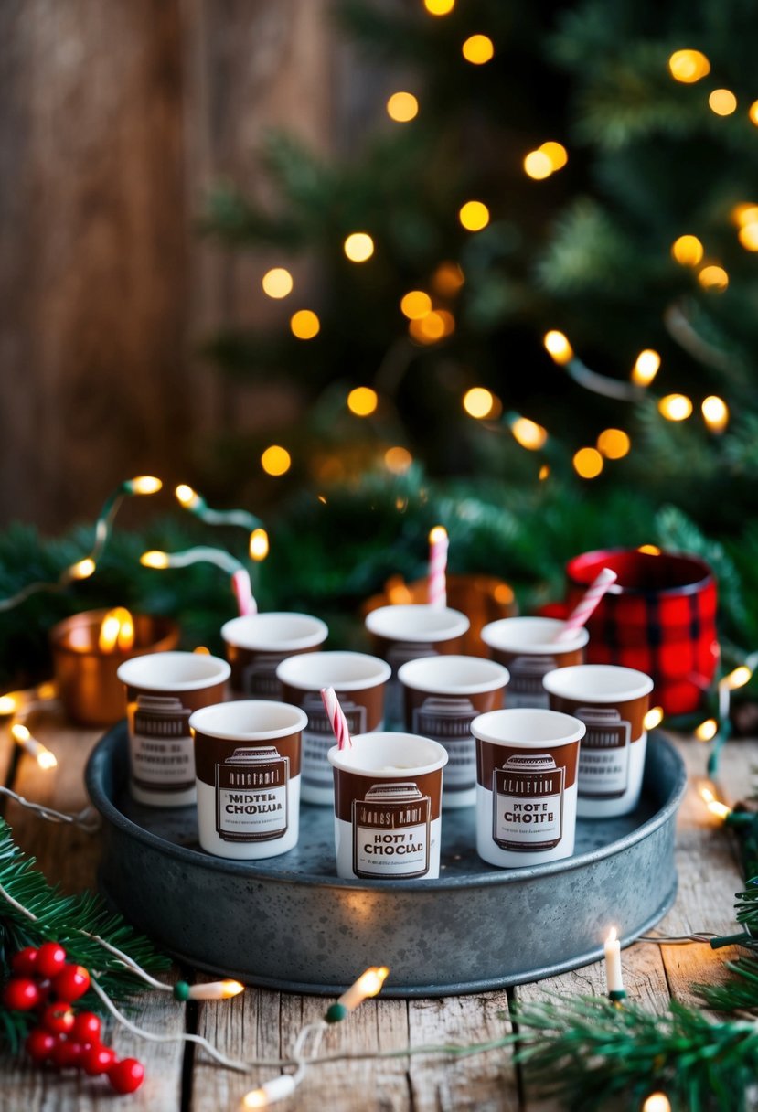 A cozy winter scene with mini hot chocolate kits displayed on a rustic table, surrounded by festive greenery and twinkling fairy lights