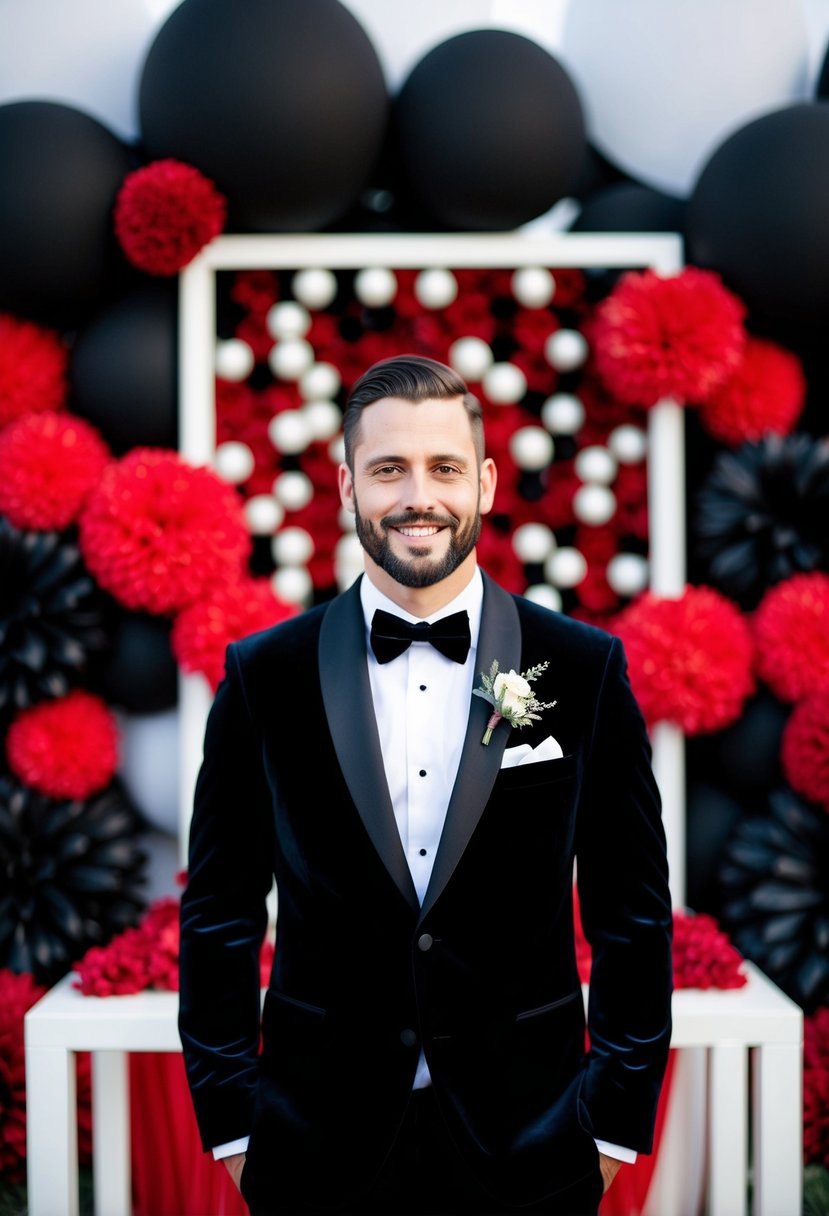 A black velvet groom suit against a backdrop of black and red wedding decor