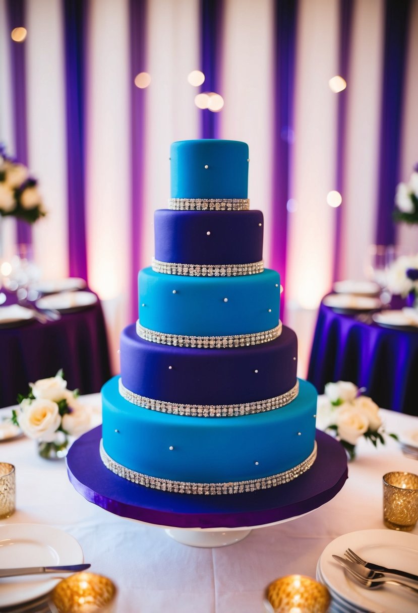 A royal blue and purple wedding cake with matching color scheme decor