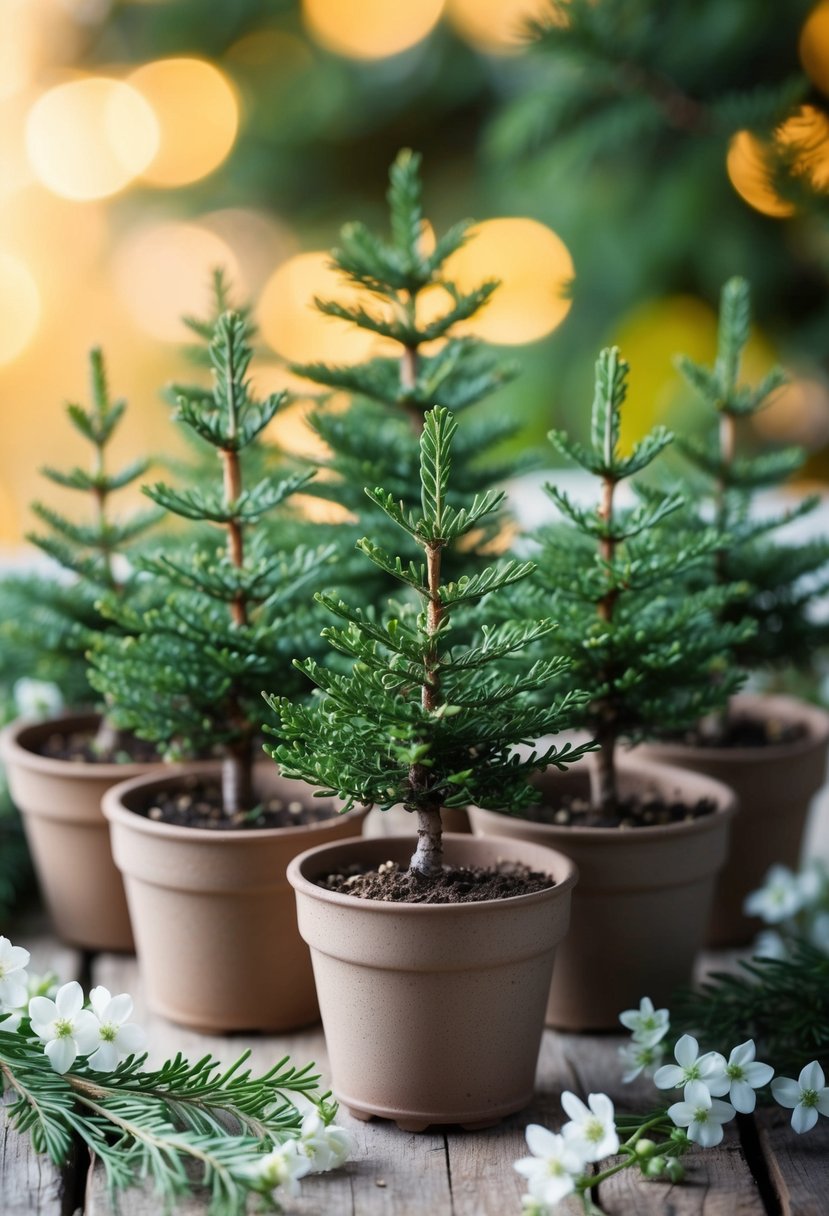 A cluster of small pine tree seedlings arranged in rustic pots, surrounded by delicate white flowers and greenery, with a soft, warm light filtering through the background