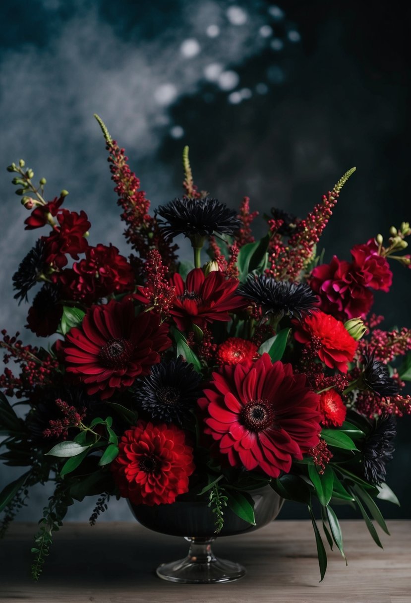 A lush, vibrant floral arrangement featuring deep red and black blooms set against a dramatic backdrop