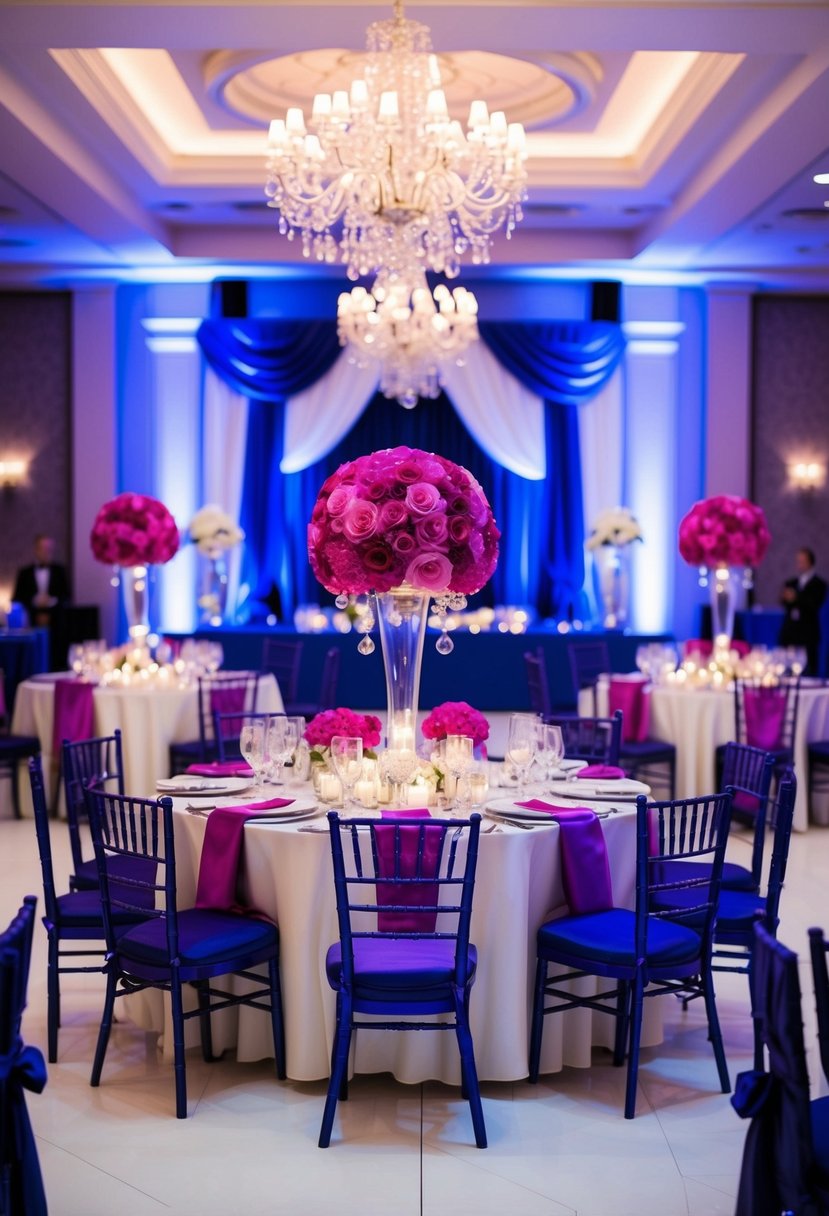 A regal wedding reception with fuchsia and silver accents, featuring royal blue and purple decor