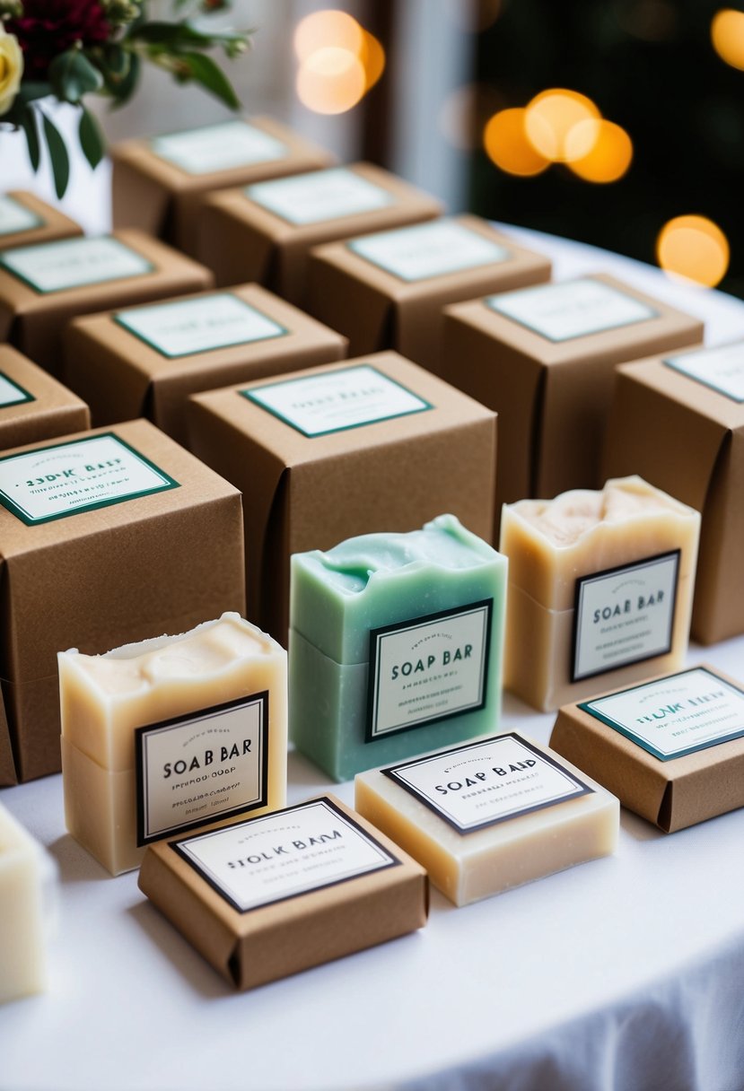 A table displays various handmade soap bars in seasonal wedding favor packaging