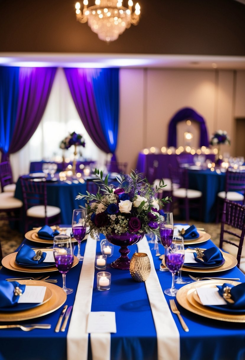 A regal wedding table set with deep royal blue and rich purple decor, accented with metallic gold details for added glamour