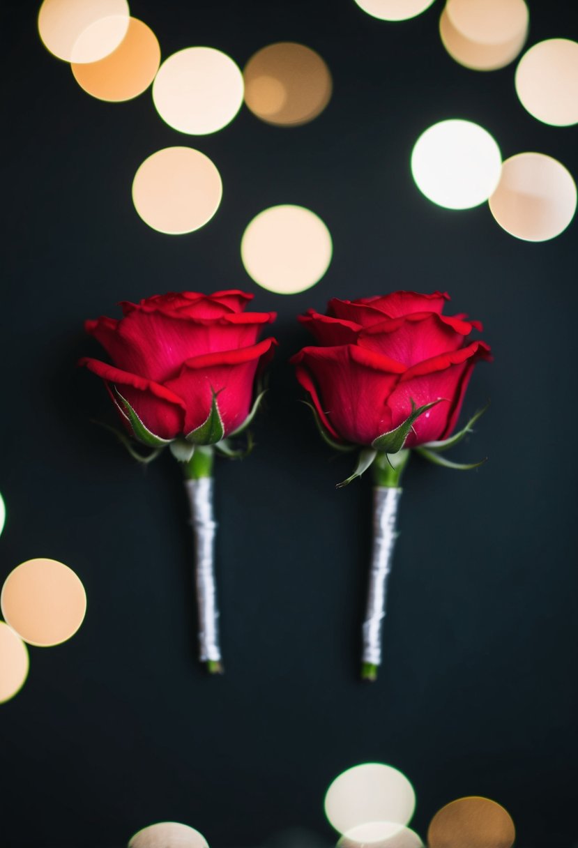 Two red rose boutonnieres arranged on a black background