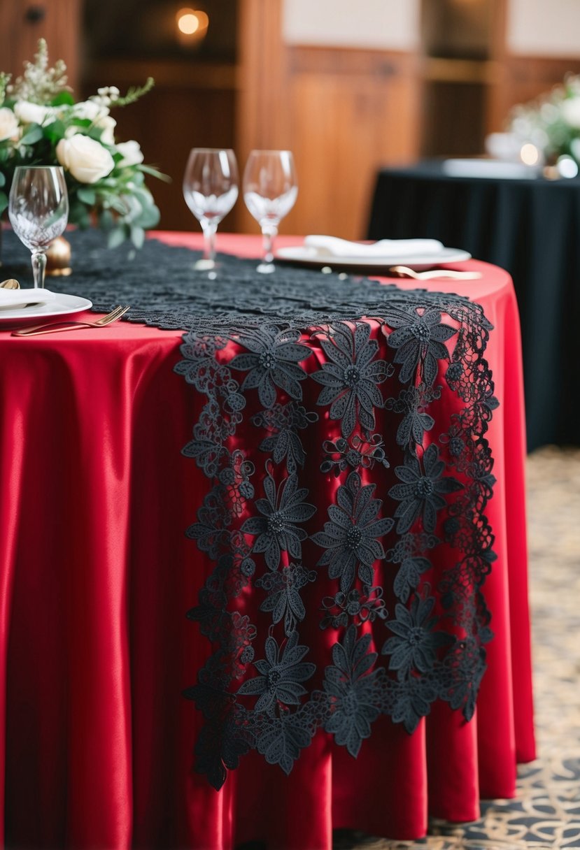 A black lace table runner drapes across a red table, creating a striking contrast for a wedding reception