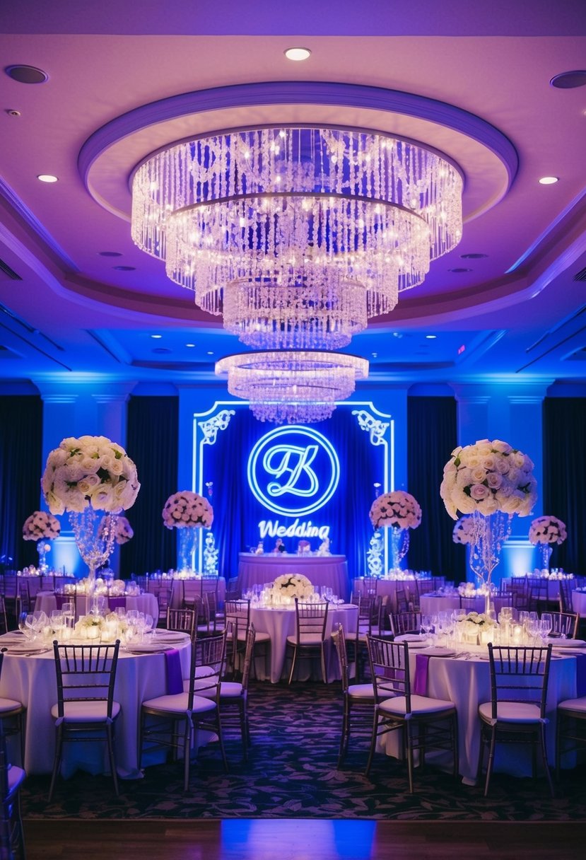 A grand wedding venue adorned with custom neon signs in royal blue and purple hues, casting a vibrant and enchanting glow over the celebration