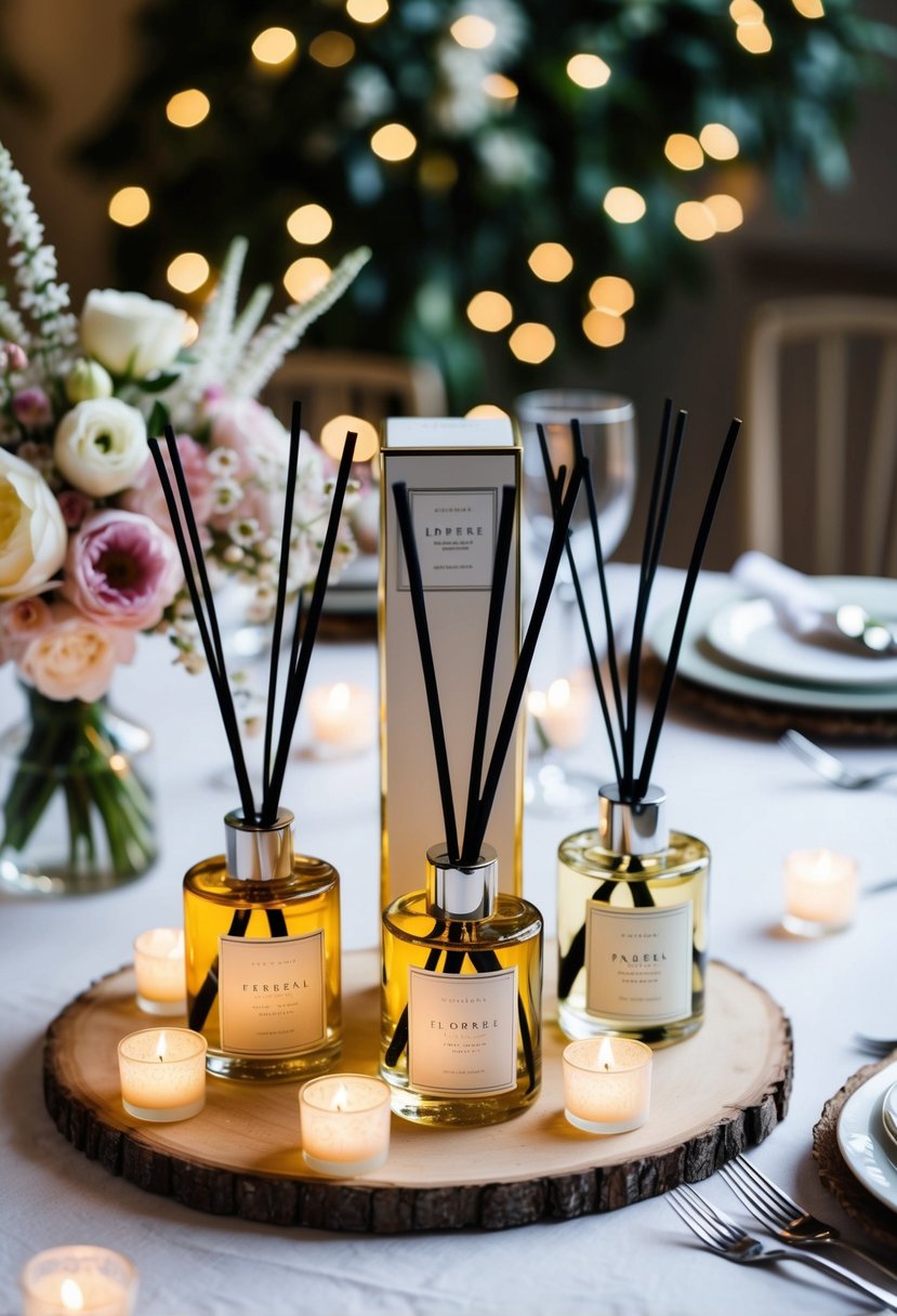 A table adorned with scented reed diffusers in elegant packaging, surrounded by delicate floral arrangements and twinkling tea lights