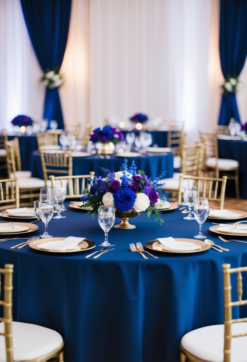 A deep navy tablecloth adorned with royal blue and purple floral centerpieces, set against a backdrop of elegant white and gold place settings