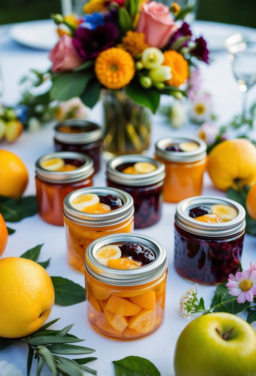 A table adorned with jars of colorful seasonal fruit preserves, surrounded by fresh fruit and flowers, ready to be used as wedding favors