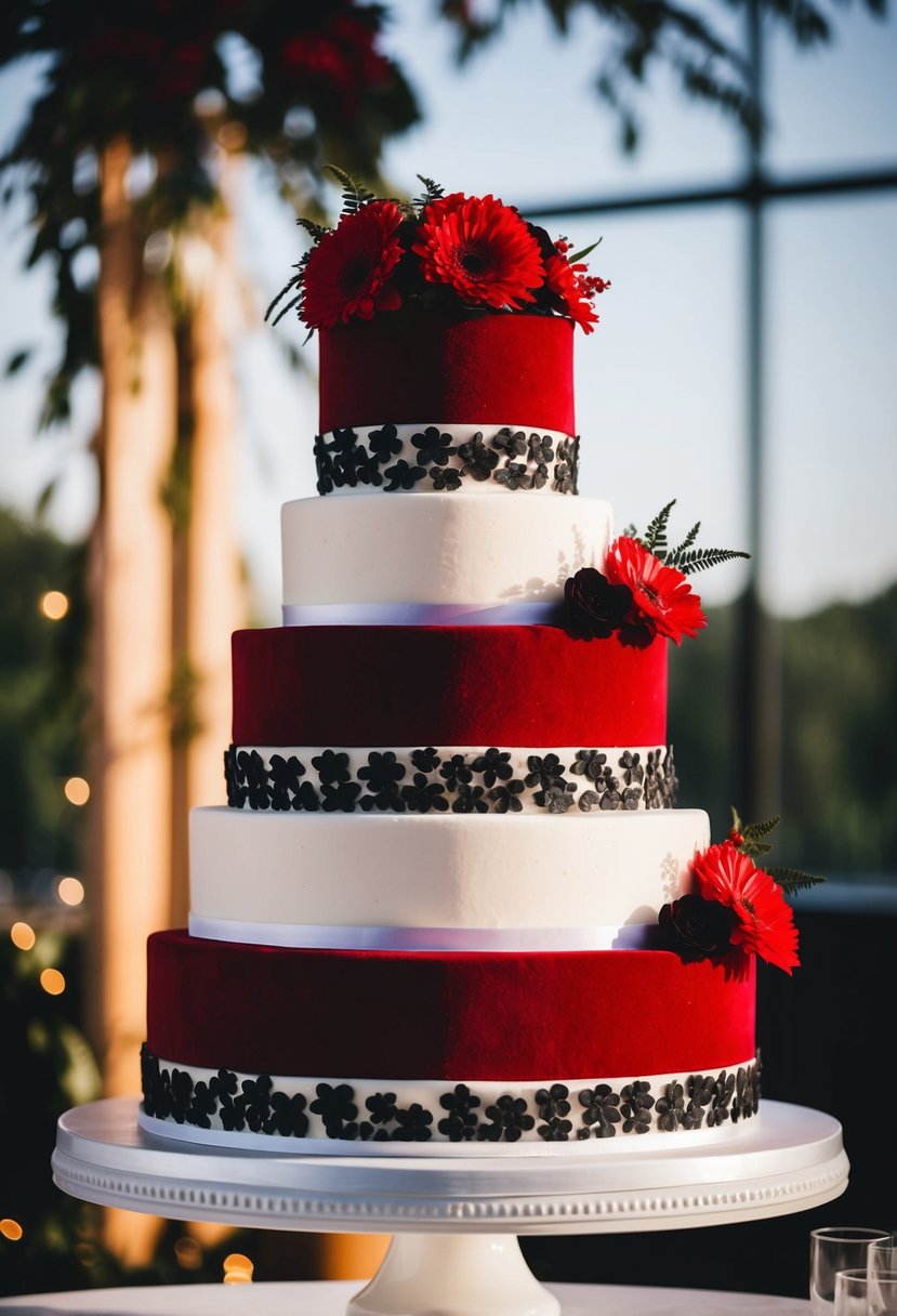 A three-tiered red velvet wedding cake with black and red floral accents