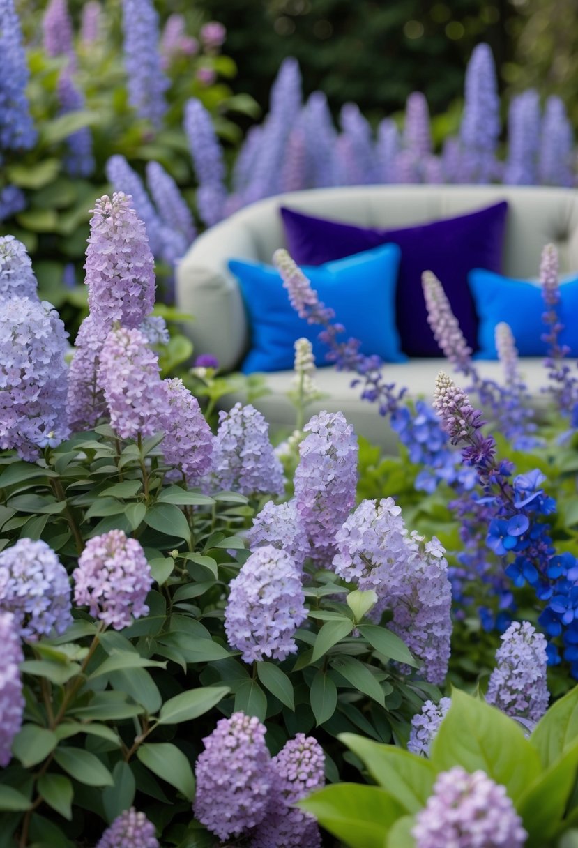 A serene garden with lilac and dusty blue flowers, accented with royal blue and purple decor