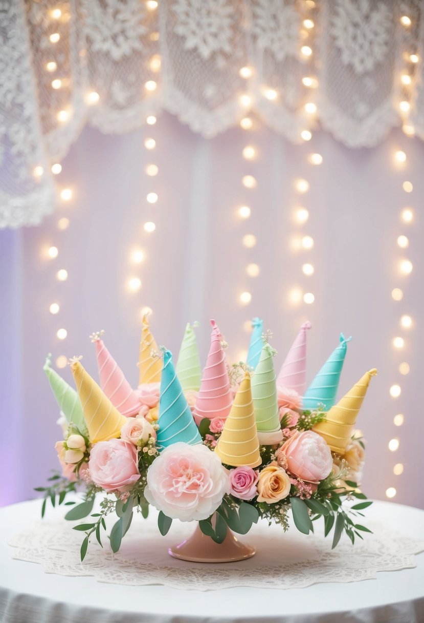 A table adorned with pastel candy cones and floral accents, set against a backdrop of twinkling fairy lights and delicate lace