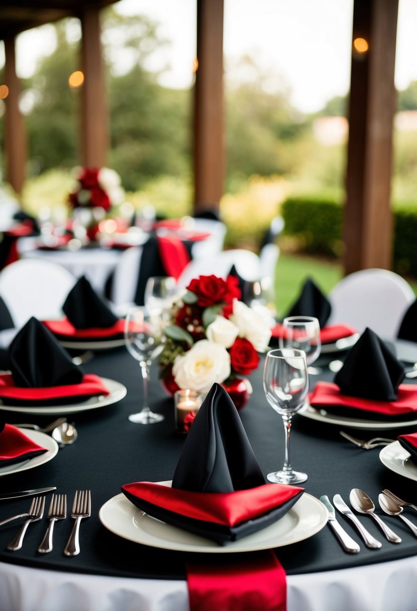 A table set with black satin napkins and red accents for a wedding