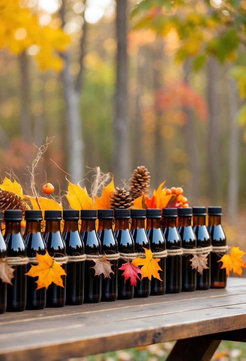 A rustic table with rows of small maple syrup bottles, adorned with seasonal decorations like fall leaves and twine, set against a backdrop of autumn foliage