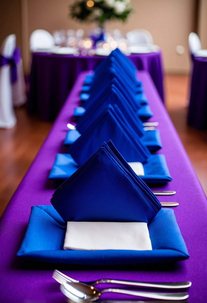 Royal blue napkins neatly arranged on purple tablecloths at a wedding reception