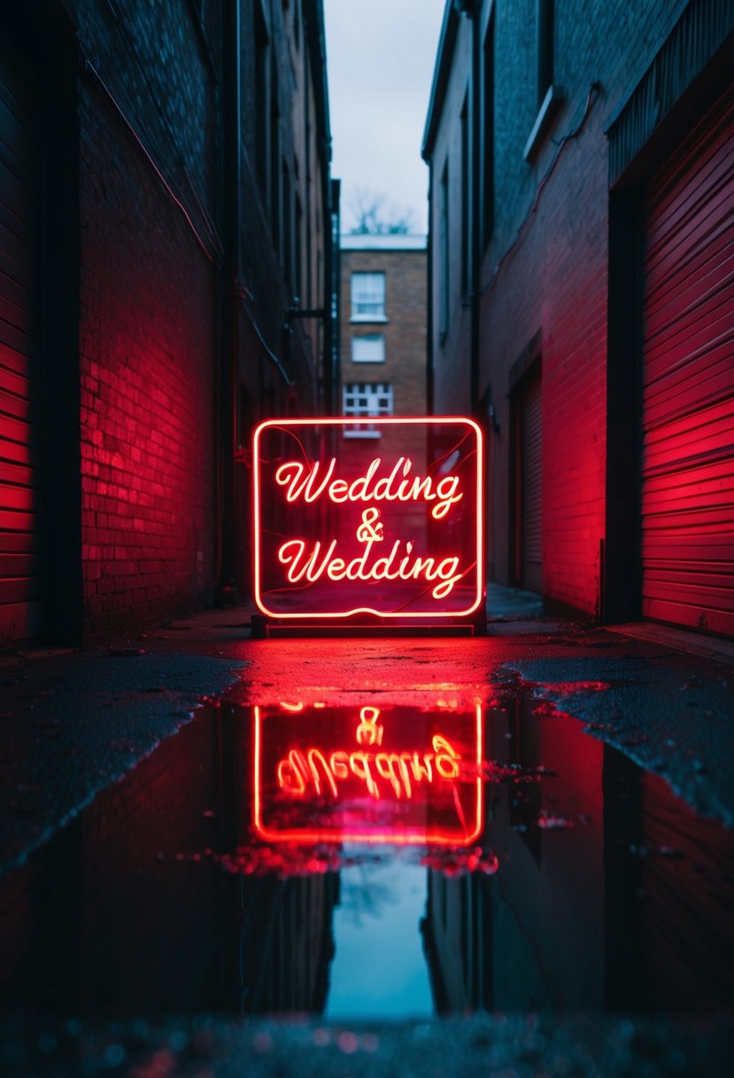 A dimly lit alley with a vibrant red neon wedding sign reflecting off the wet pavement