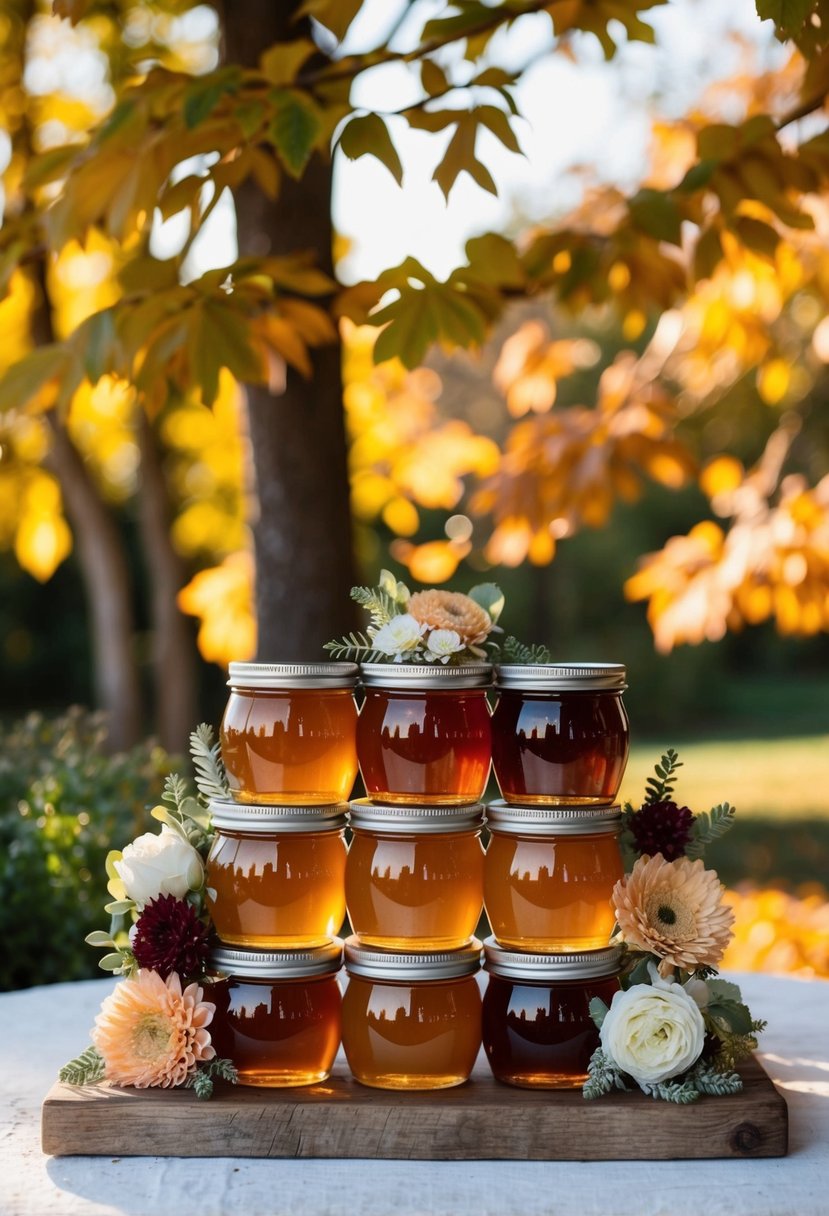 A rustic table display of local honey jars with floral accents, set against a backdrop of autumn leaves and warm sunlight