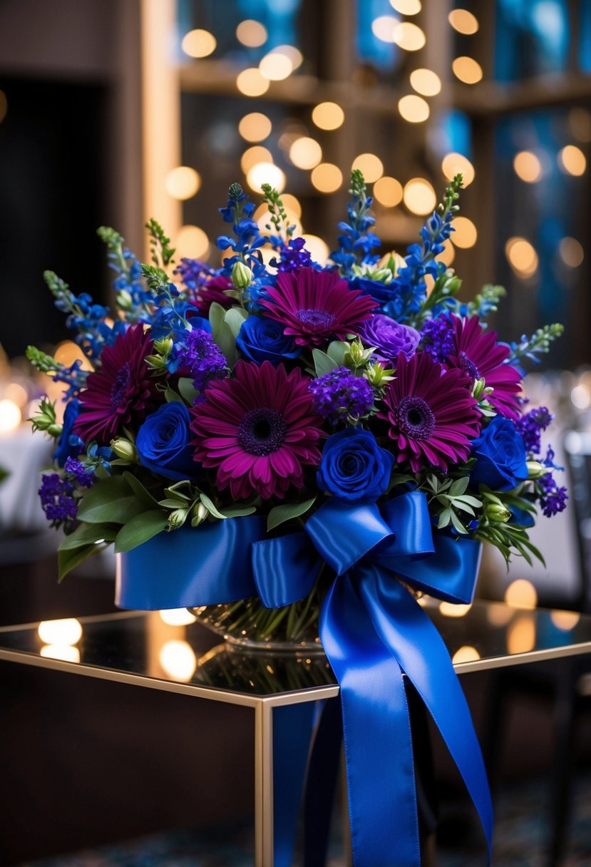 A lush arrangement of deep purple and royal blue flowers, tied with satin ribbon