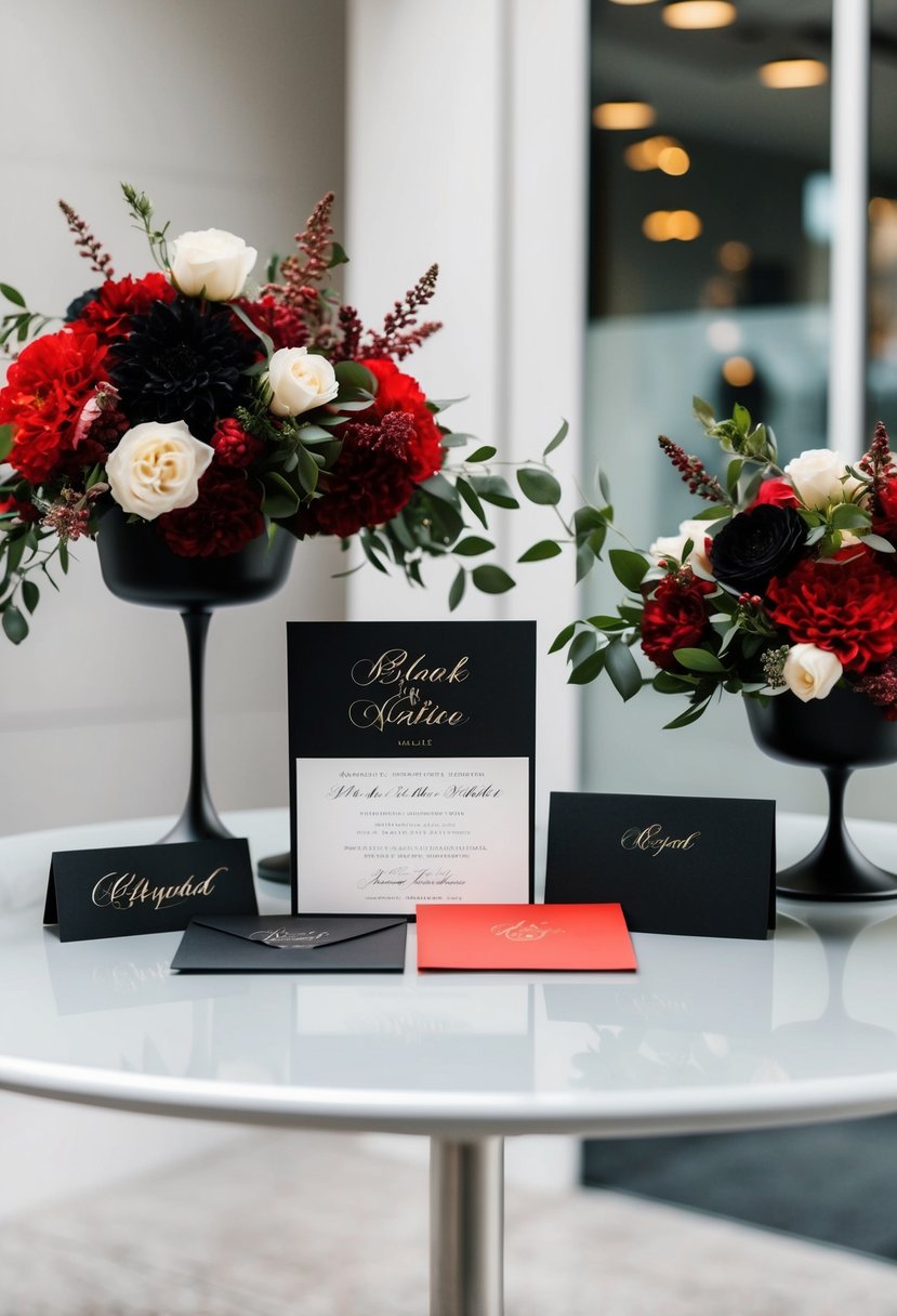 A black and red invitation suite displayed on a sleek, modern table with matching floral arrangements and elegant calligraphy accents