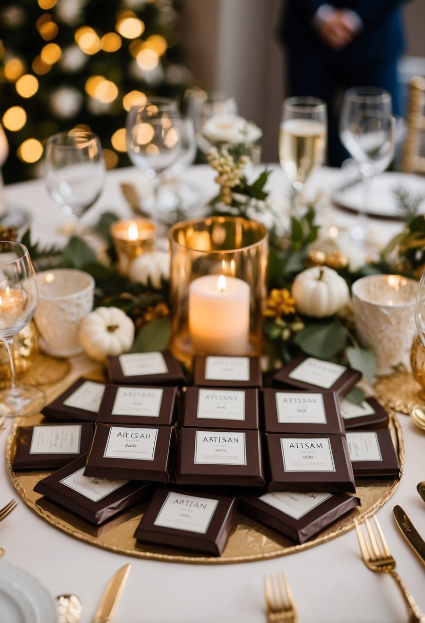 A table adorned with artisan chocolate bars in elegant packaging, surrounded by seasonal wedding decor