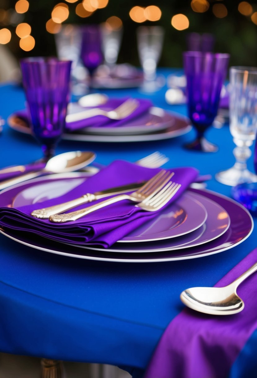 A royal blue and purple table setting with matching silverware