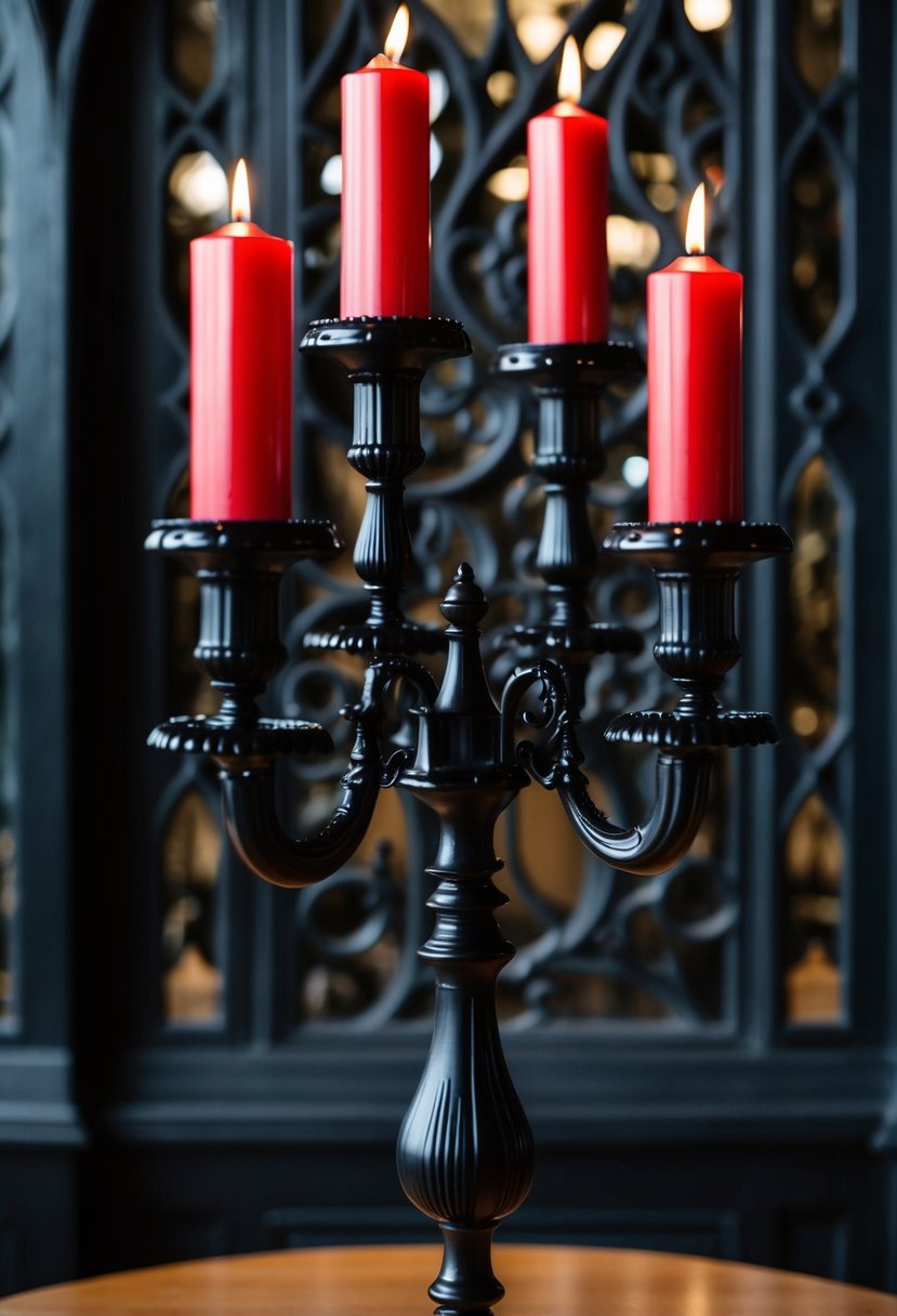 Black candelabras adorned with red candles, set against a gothic backdrop