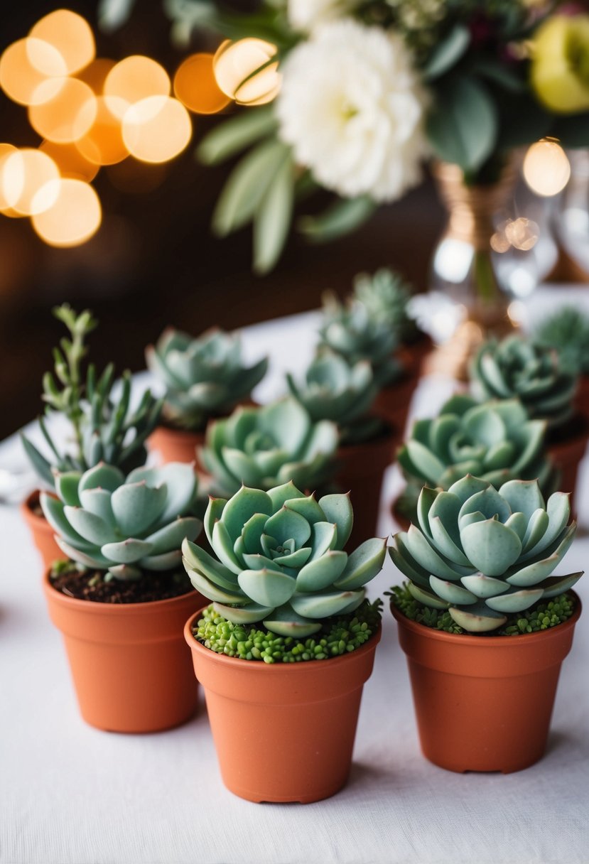 Miniature succulents arranged in small pots with wedding-themed decor