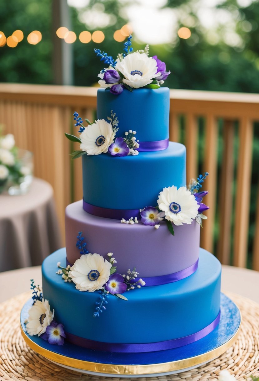 A royal blue and purple wedding cake adorned with edible flowers in a decorative arrangement