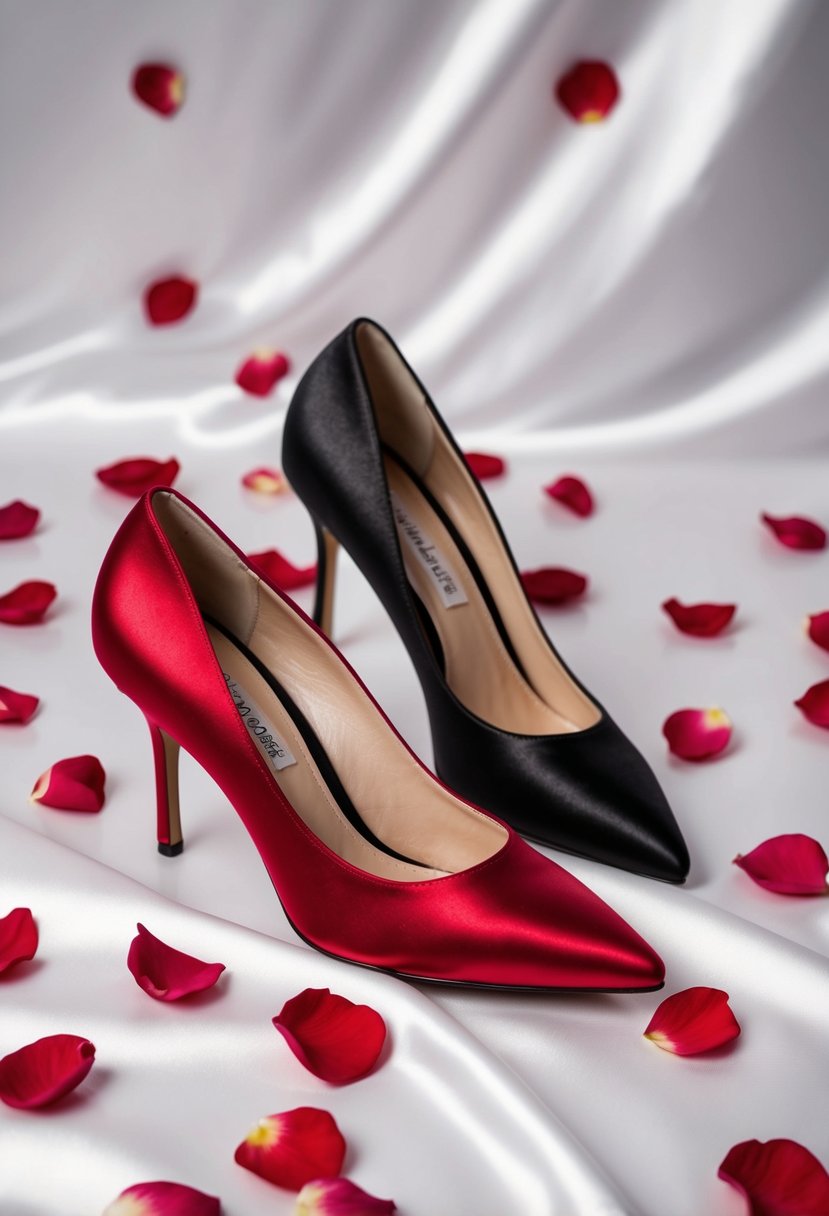 Black and red satin heels on a white satin background with scattered rose petals