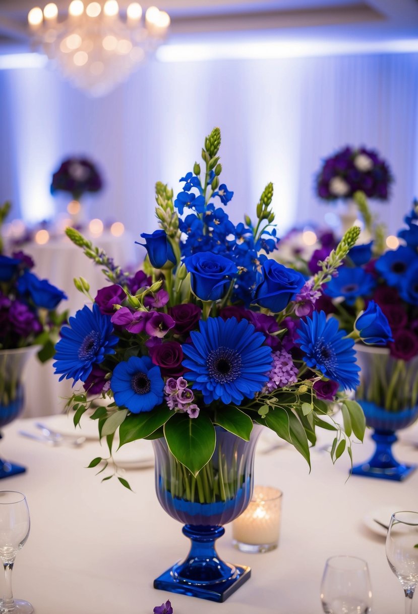 Royal blue and purple flowers arranged in elegant vases for a wedding