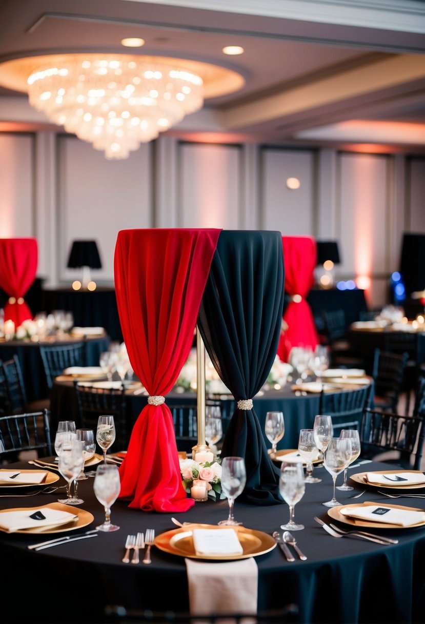 Black and red chiffon draped around centerpieces, adding elegance to a wedding reception