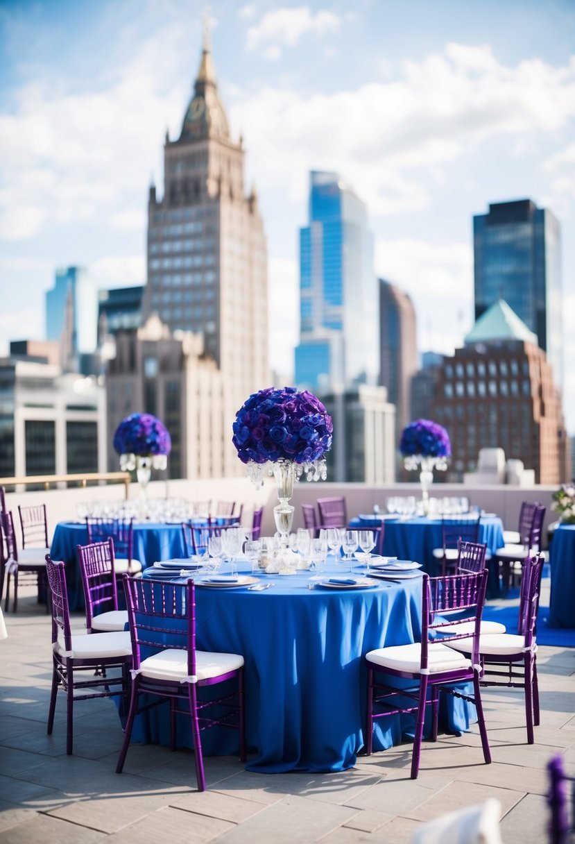 A chic city rooftop venue adorned in royal blue and purple decor