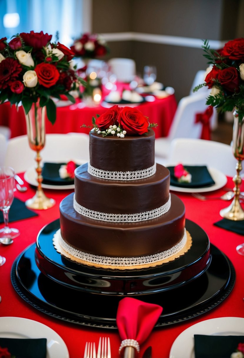 A decadent dark chocolate red velvet cake displayed on a black and red themed wedding table, surrounded by matching floral arrangements and elegant tableware