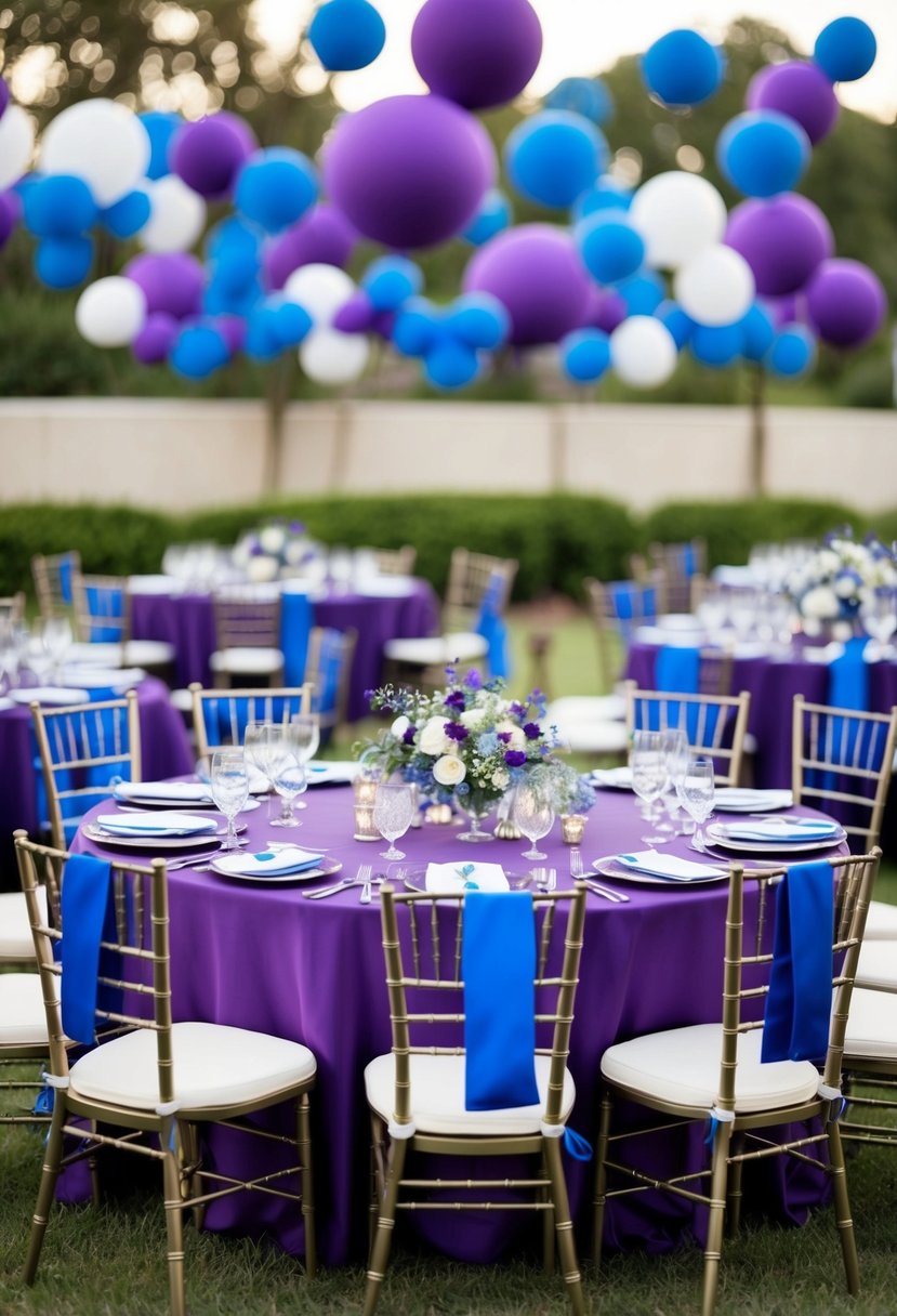 Elegant purple table settings with royal blue accents for a wedding