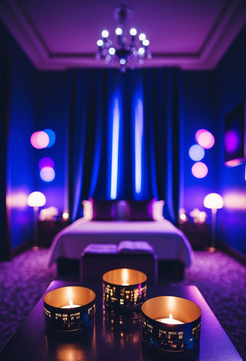 A dimly lit room with royal blue and purple hues casting a romantic ambiance