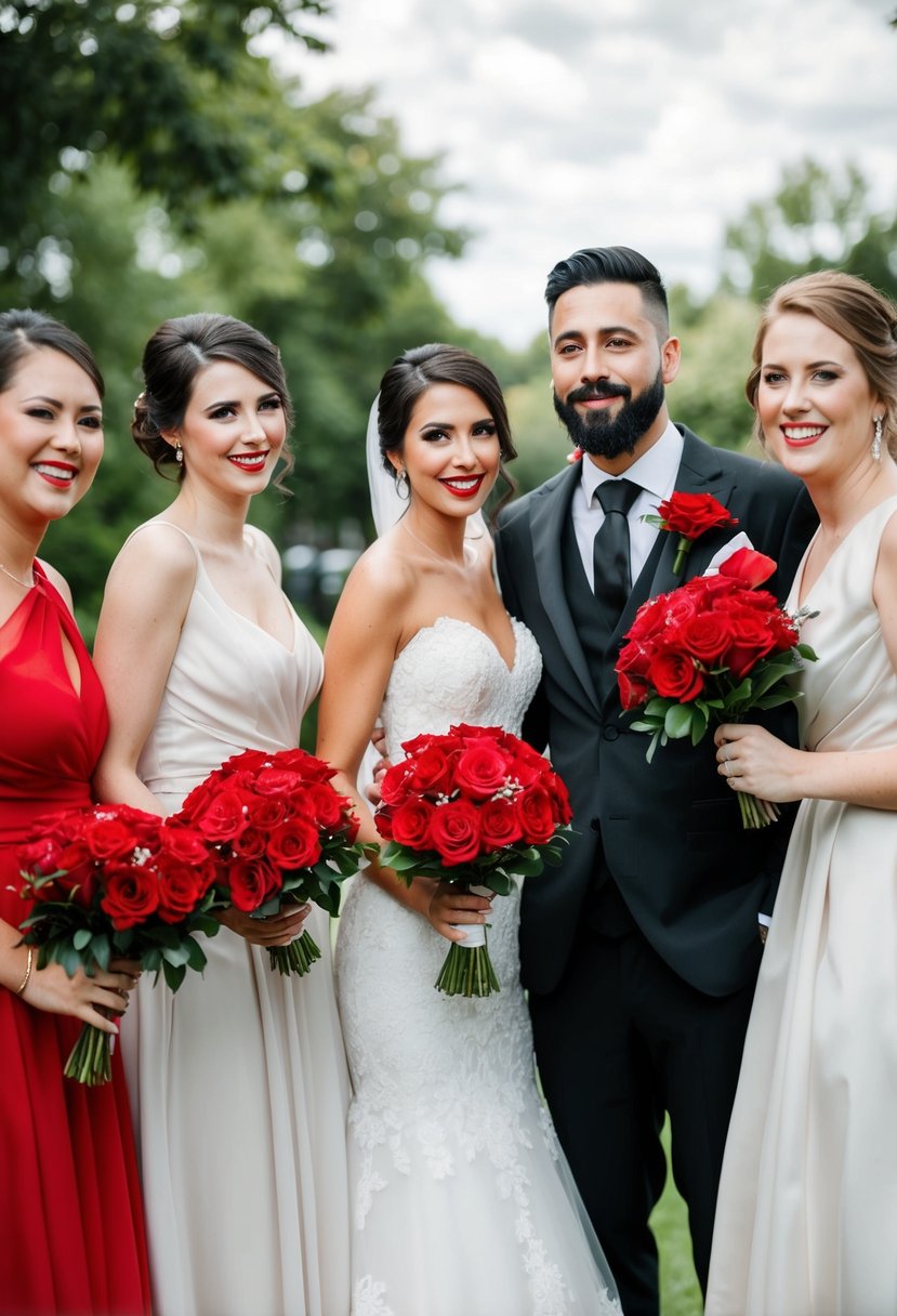 A black-tied groom and bridesmaids holding red bouquets at a black and red themed wedding