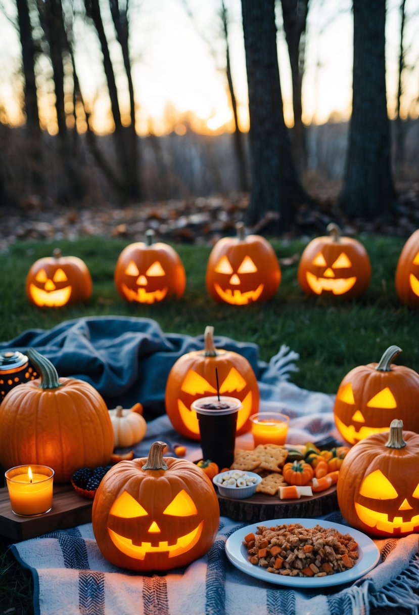 A cozy outdoor picnic with glowing jack-o-lanterns, a blanket, and a spread of Halloween-themed snacks and drinks