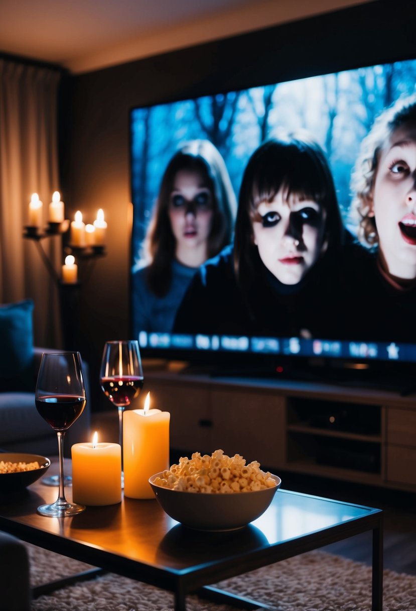 A cozy living room with dim lighting, flickering candles, and a large screen playing classic horror movies. Two glasses of wine and a bowl of popcorn sit on the coffee table