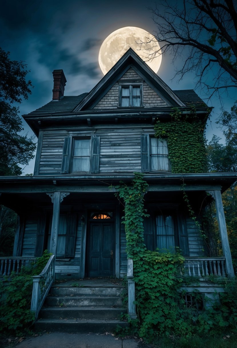 A spooky haunted house with eerie lighting, creaky doors, and overgrown vines. A full moon casts shadows on the old, decrepit building