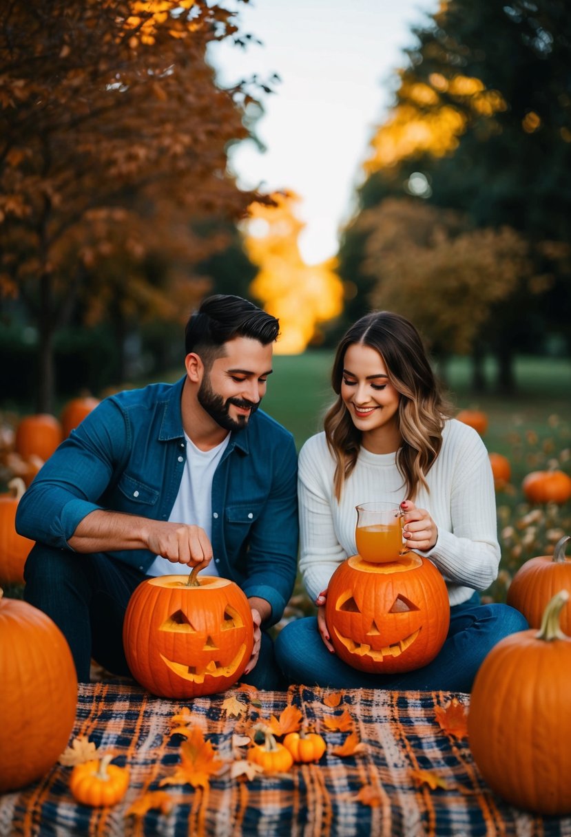 A couple carves pumpkins and sips cider together