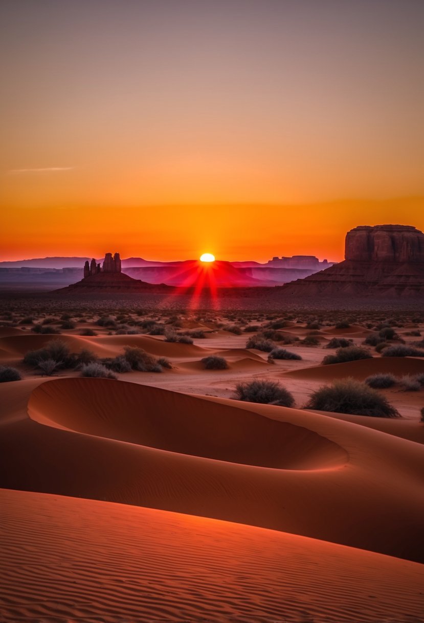 A vibrant sunset over a desert landscape, with burnt orange and red hues reflecting off the sand and rocky formations