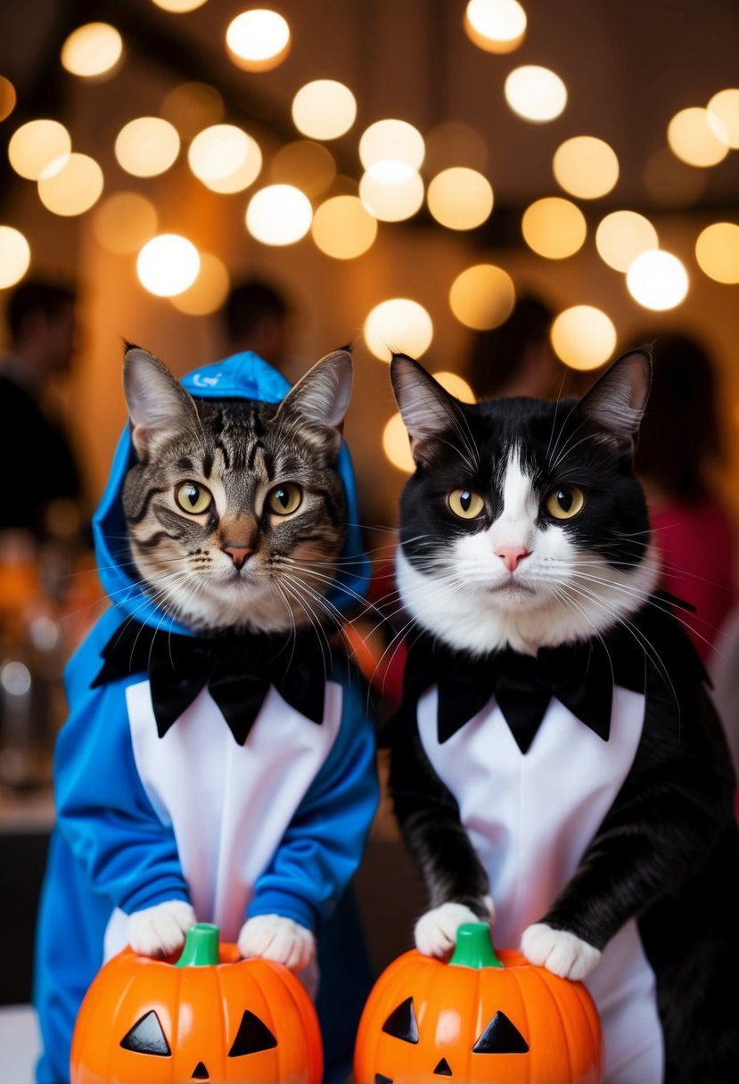 A cat and a mouse in matching costumes at a Halloween party