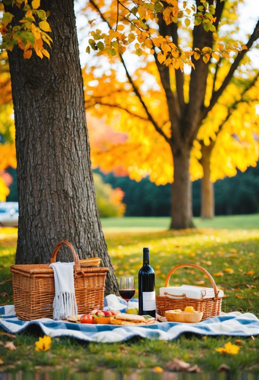 A cozy picnic under a colorful autumn tree with a blanket, basket of food, and a bottle of wine