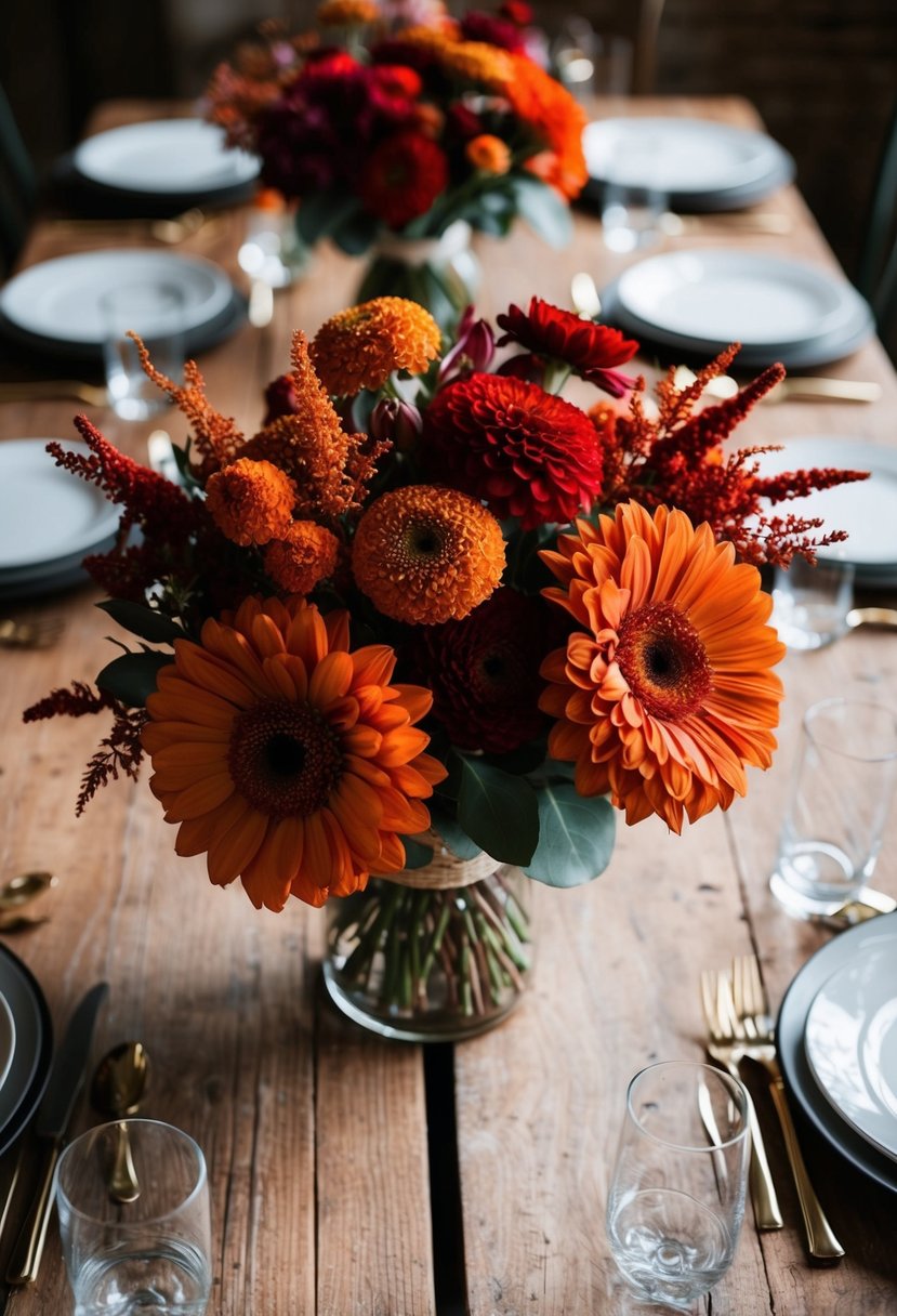 A rustic table adorned with burnt orange and red floral bouquets